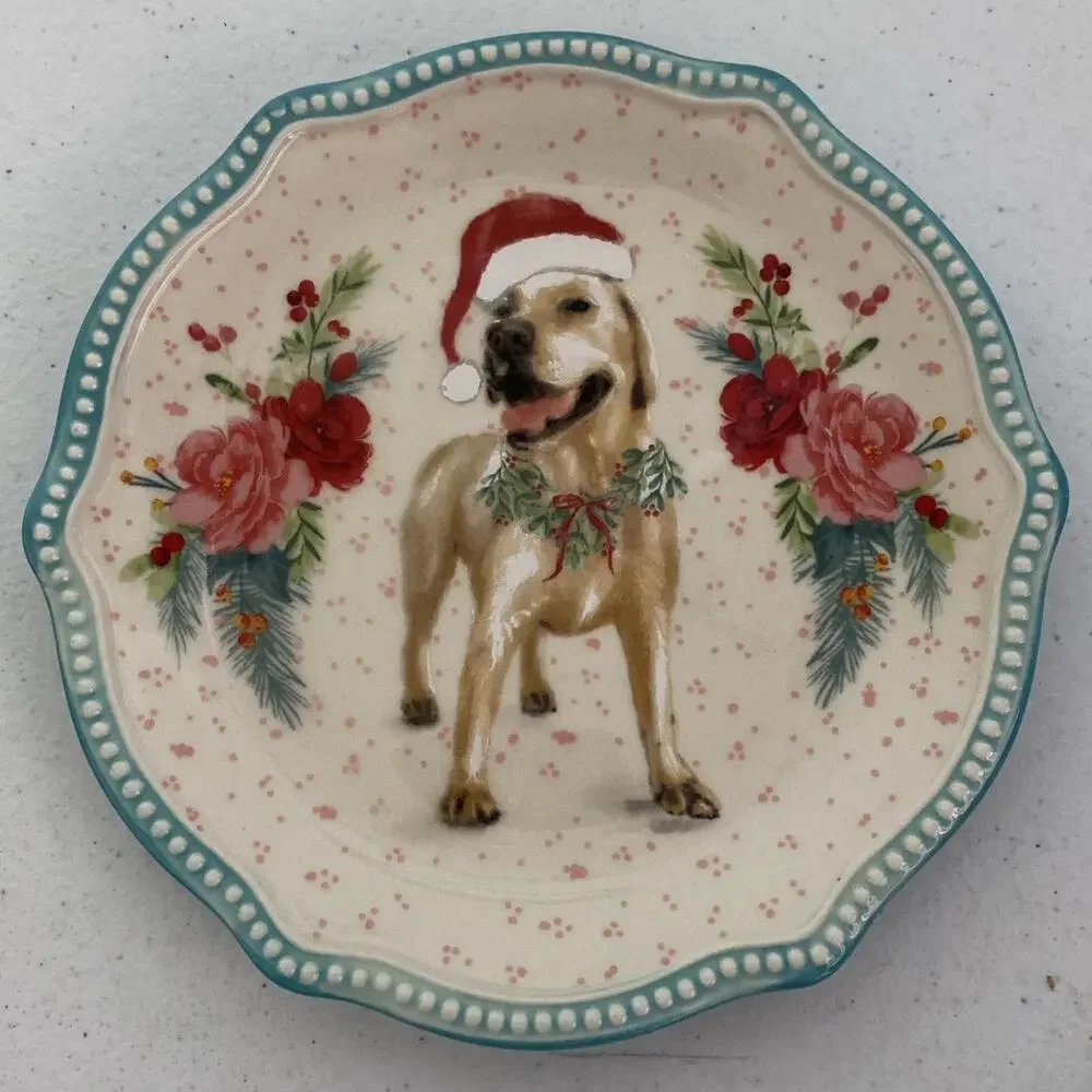 Pioneer Woman Christmas Dog And Roses Appetizer Dessert Pie Plate 6.5 Inches - Picture 1 of 4
